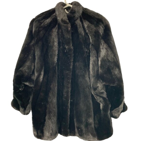 Vintage 80s Genuine Saga Mink Fur Coat M/L Black 3/4 Batwing Sleeve - Picture 6 of 16